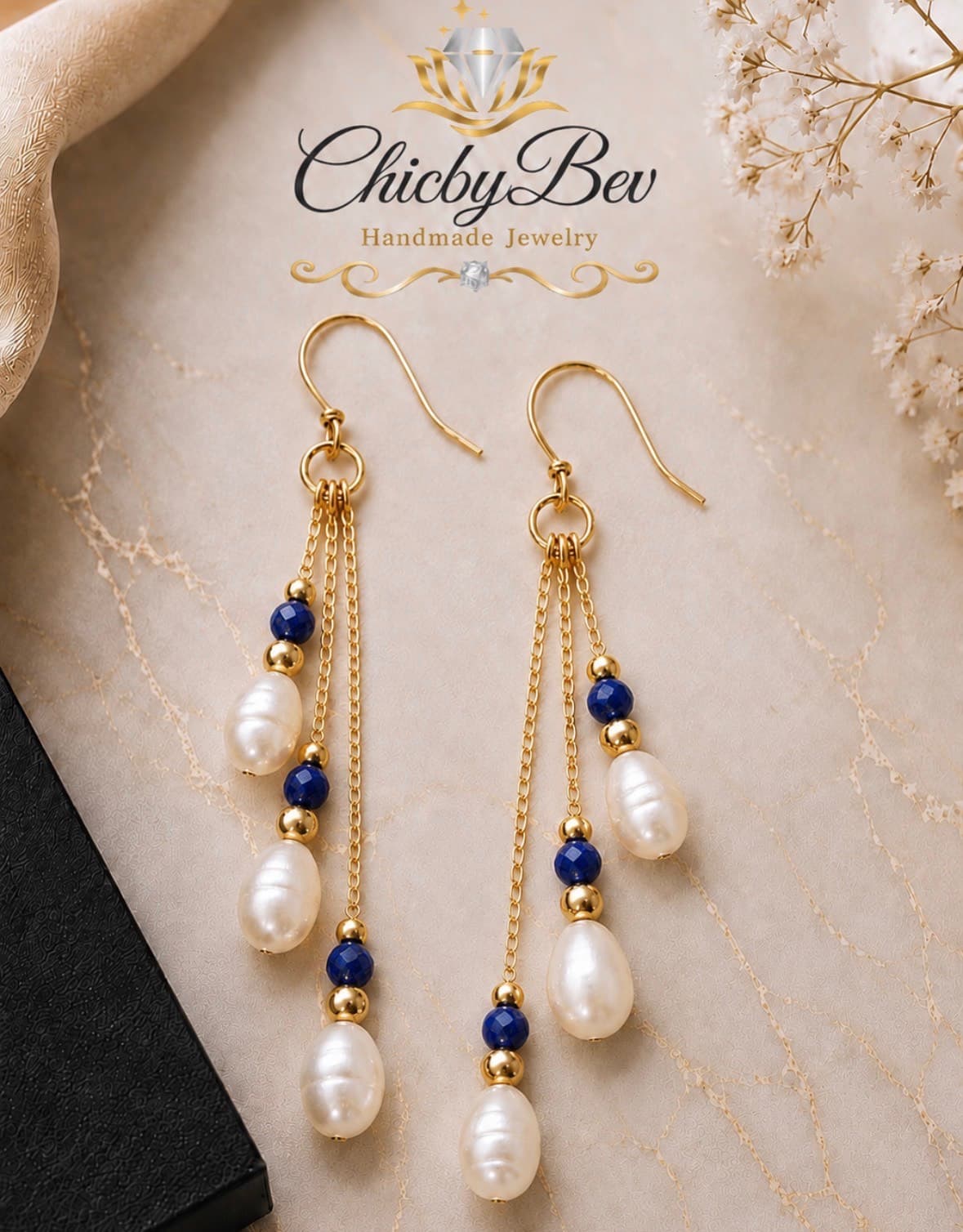 Sapphire Golden Tide Freshwater Pearl Earrings